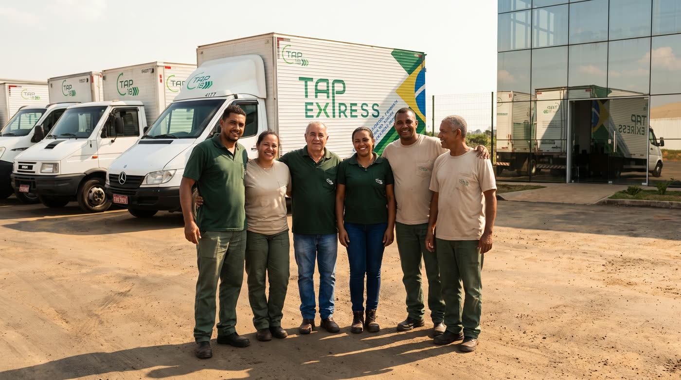 Equipe da TAP Express em frente à frota no pátio da unidade